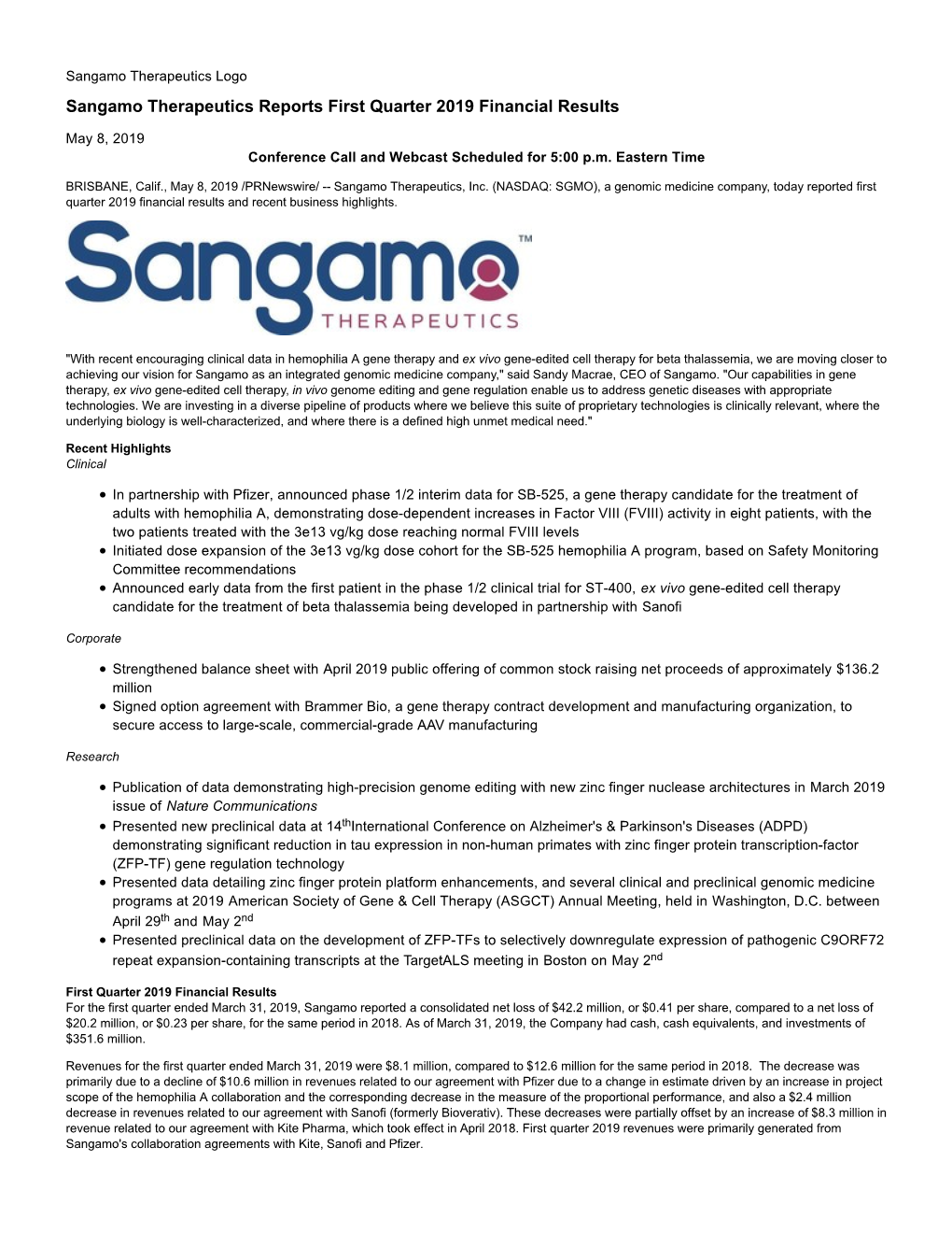 Sangamo Therapeutics Reports First Quarter 2019 Financial Results