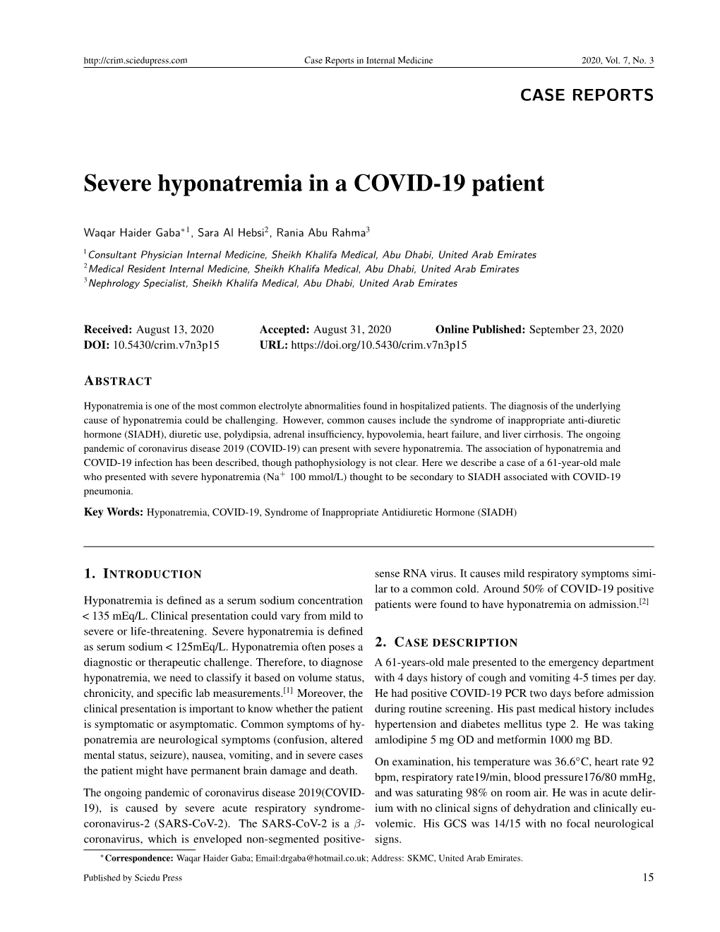 Severe Hyponatremia in a COVID-19 Patient