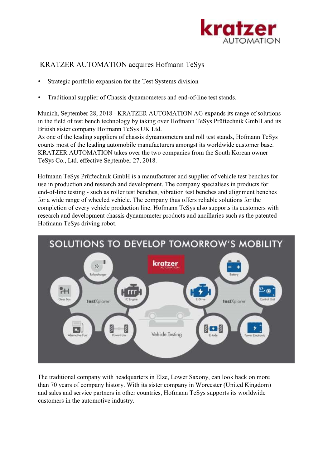 KRATZER AUTOMATION Acquires Hofmann Tesys