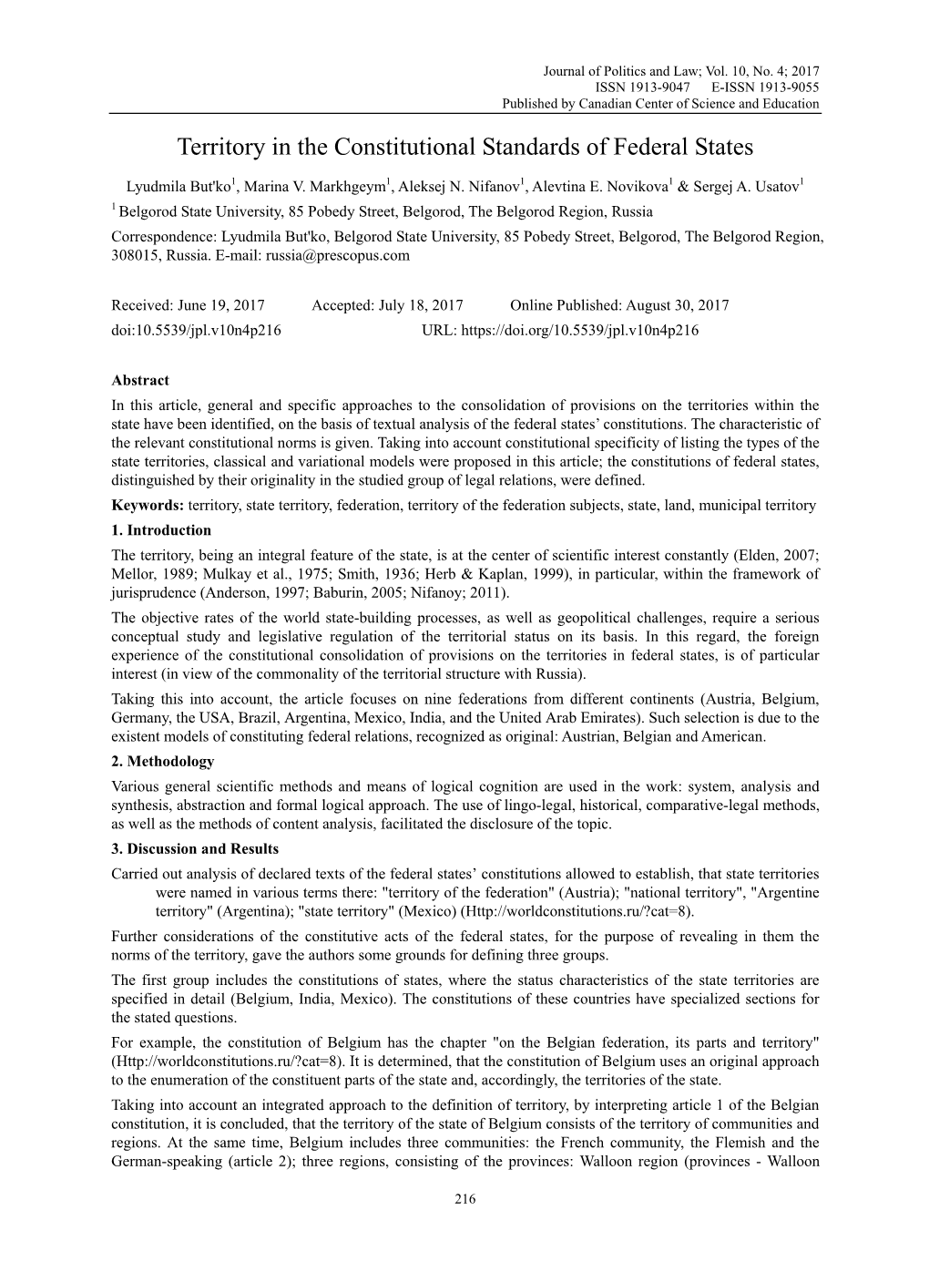 Territory in the Constitutional Standards of Federal States