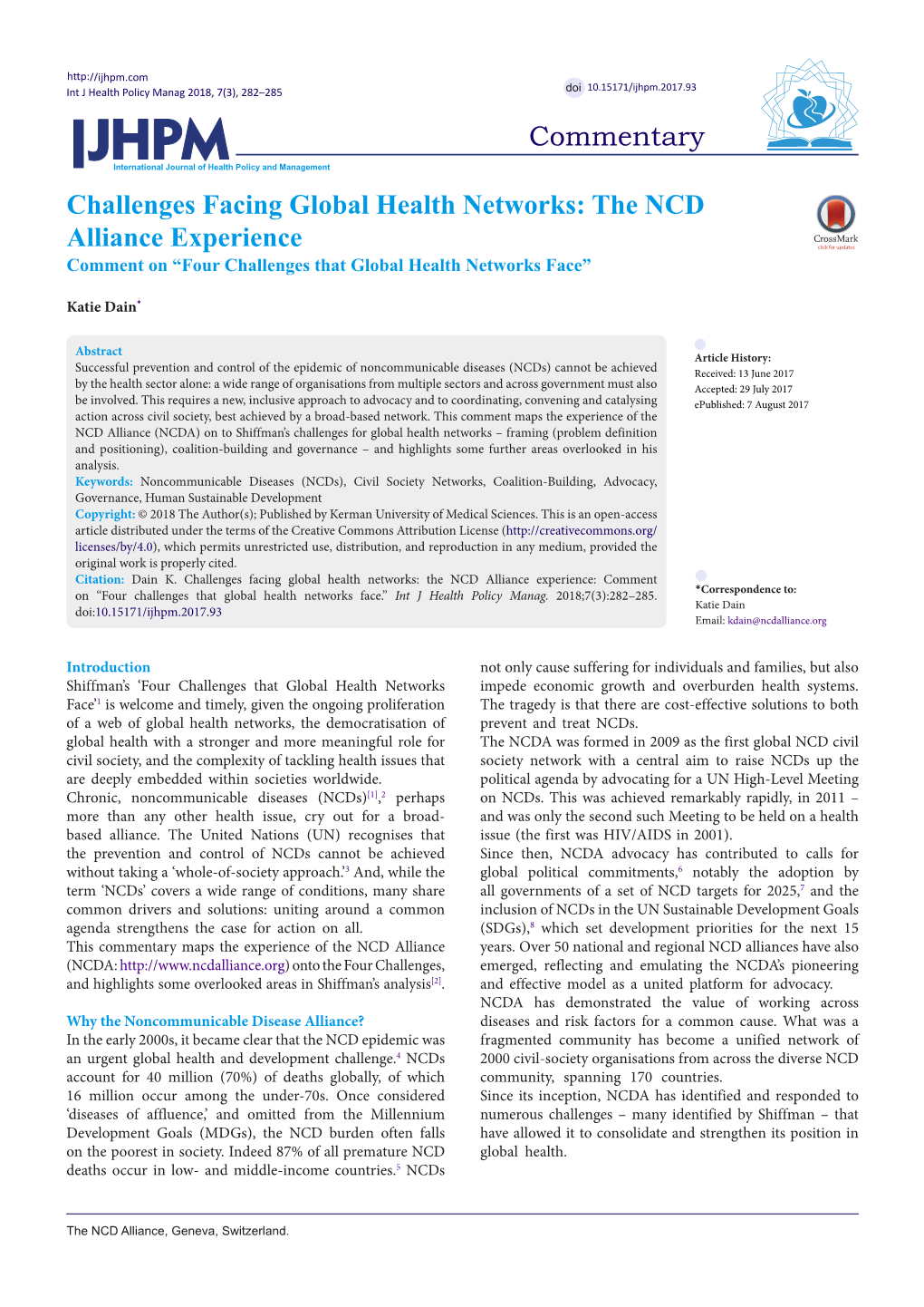 Challenges Facing Global Health Networks: the NCD Alliance Experience Comment on “Four Challenges That Global Health Networks Face”
