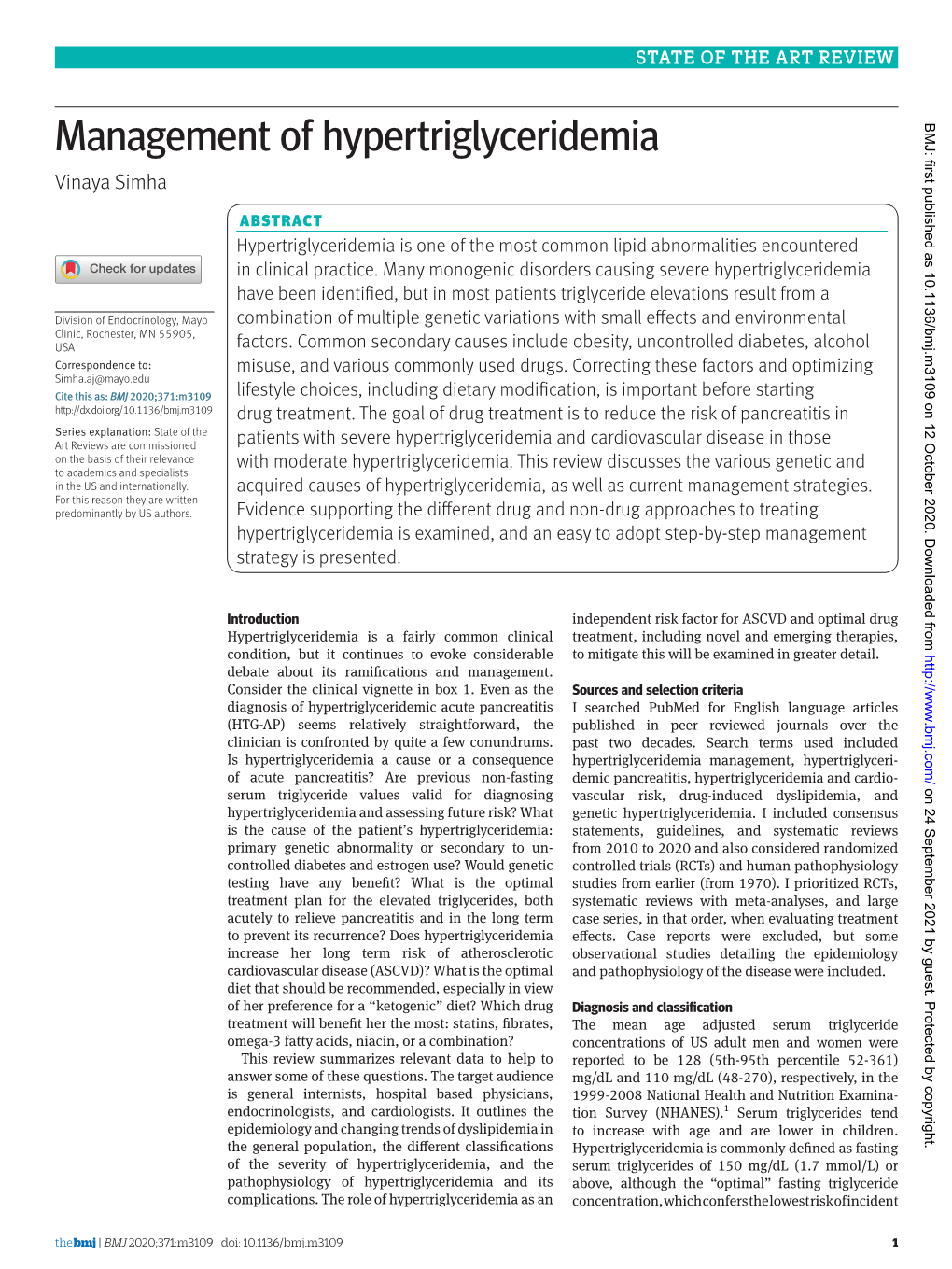 Management of Hypertriglyceridemia BMJ: First Published As 10.1136/Bmj.M3109 on 12 October 2020