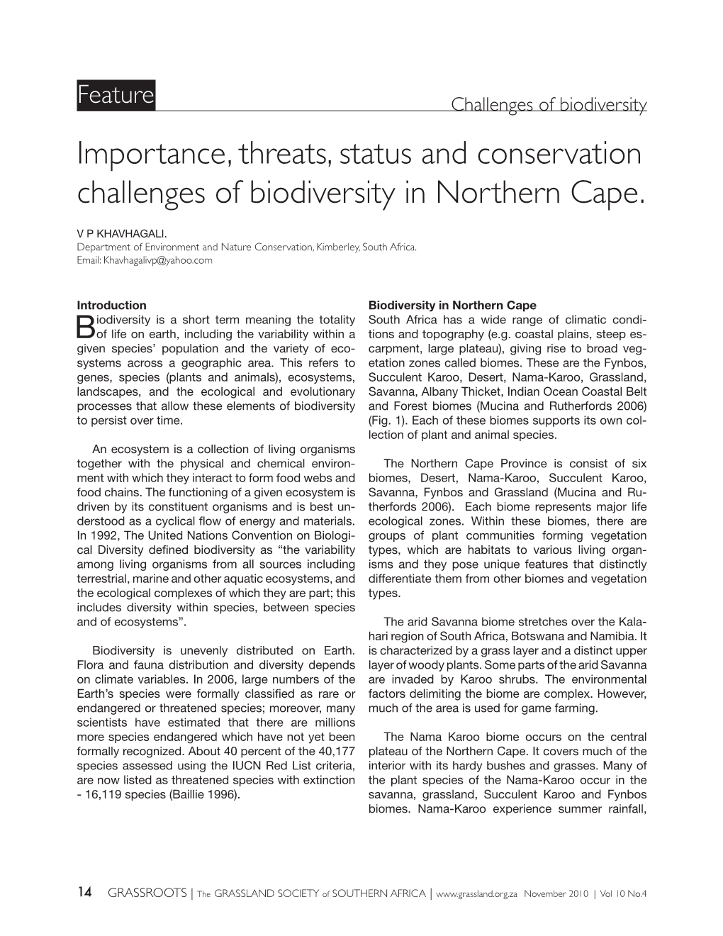 Feature Challenges of Biodiversity Importance, Threats, Status and Conservation Challenges of Biodiversity in Northern Cape