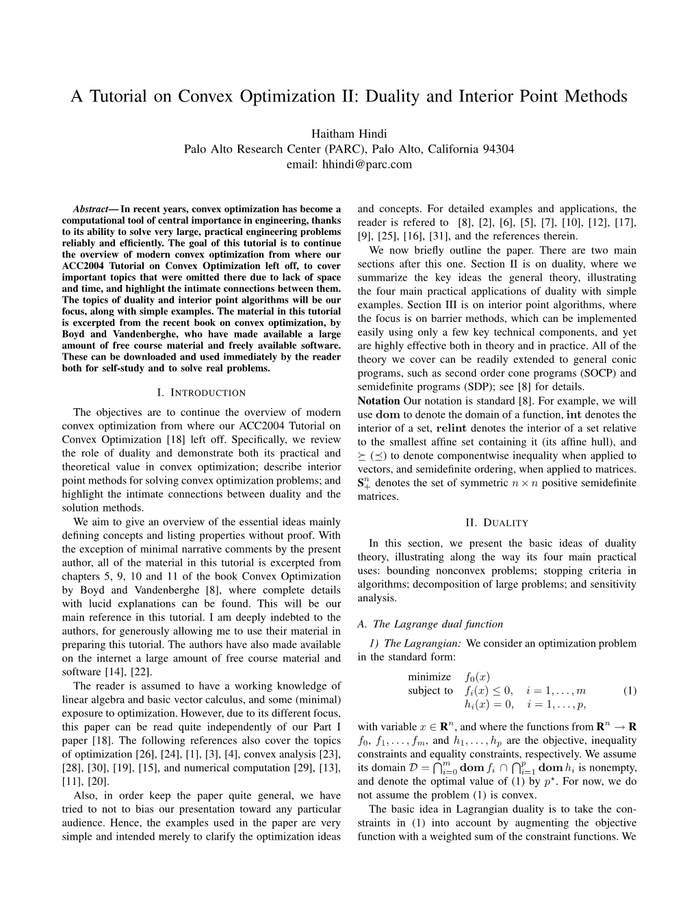 A Tutorial on Convex Optimization II: Duality and Interior Point Methods