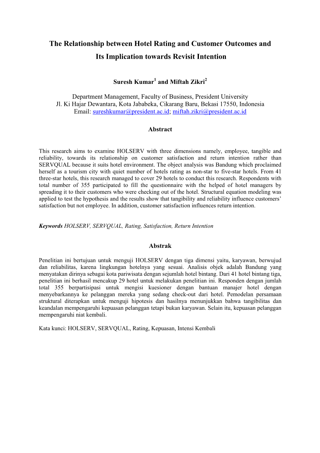 The Relationship Between Hotel Rating and Customer Outcomes and Its Implication Towards Revisit Intention