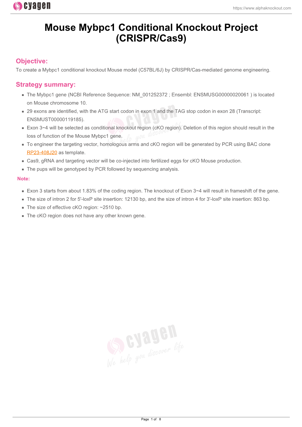 Mouse Mybpc1 Conditional Knockout Project (CRISPR/Cas9)