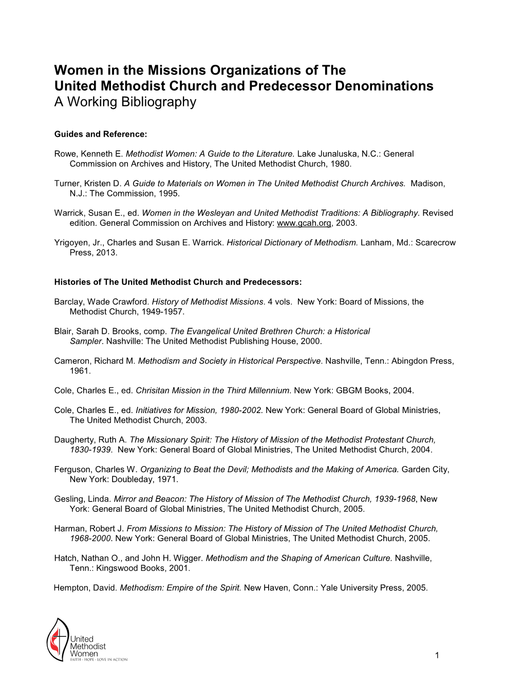 Women in the Missions Organizations of the United Methodist Church and Predecessor Denominations a Working Bibliography