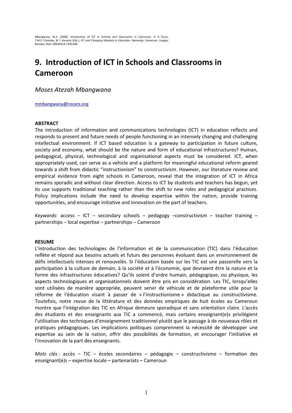 9. Introduction of ICT in Schools and Classrooms in Cameroon