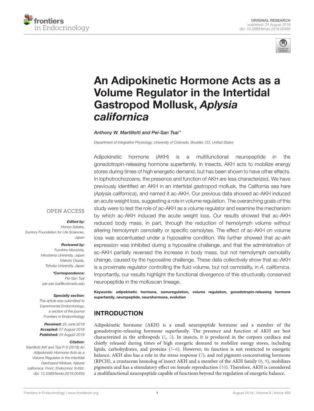 An Adipokinetic Hormone Acts As a Volume Regulator in the Intertidal Gastropod Mollusk, Aplysia Californica