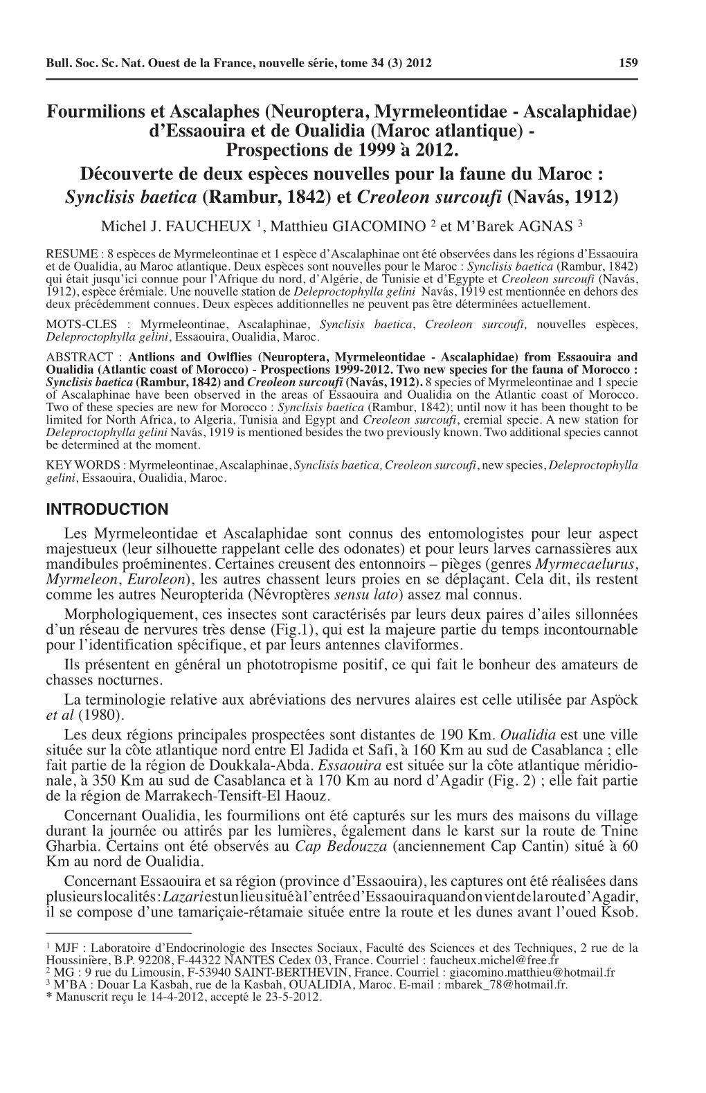 Neuroptera, Myrmeleontidae - Ascalaphidae) D’Essaouira Et De Oualidia (Maroc Atlantique) - Prospections De 1999 À 2012