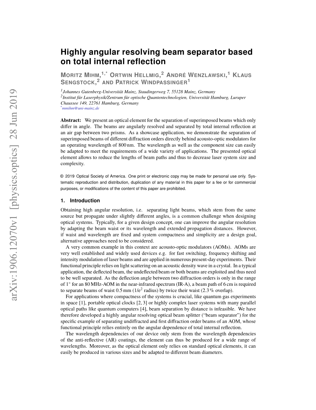 Highly Angular Resolving Beam Separator Based on Total Internal Reflection