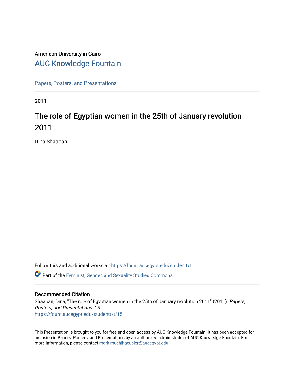 The Role of Egyptian Women in the 25Th of January Revolution 2011