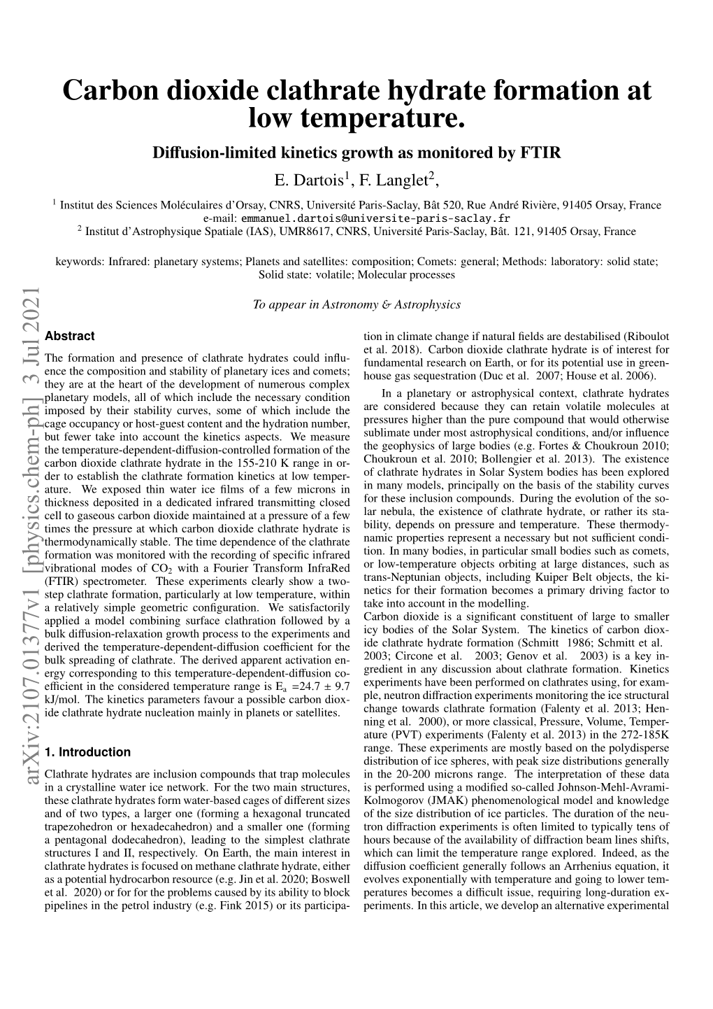 Carbon Dioxide Clathrate Hydrate Formation at Low Temperature. Diﬀusion-Limited Kinetics Growth As Monitored by FTIR E