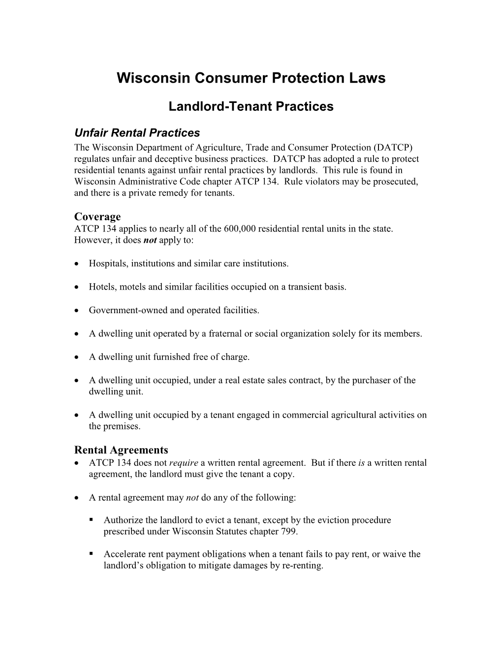 Wisconsin Consumer Protection Laws Landlord-Tenant Practices