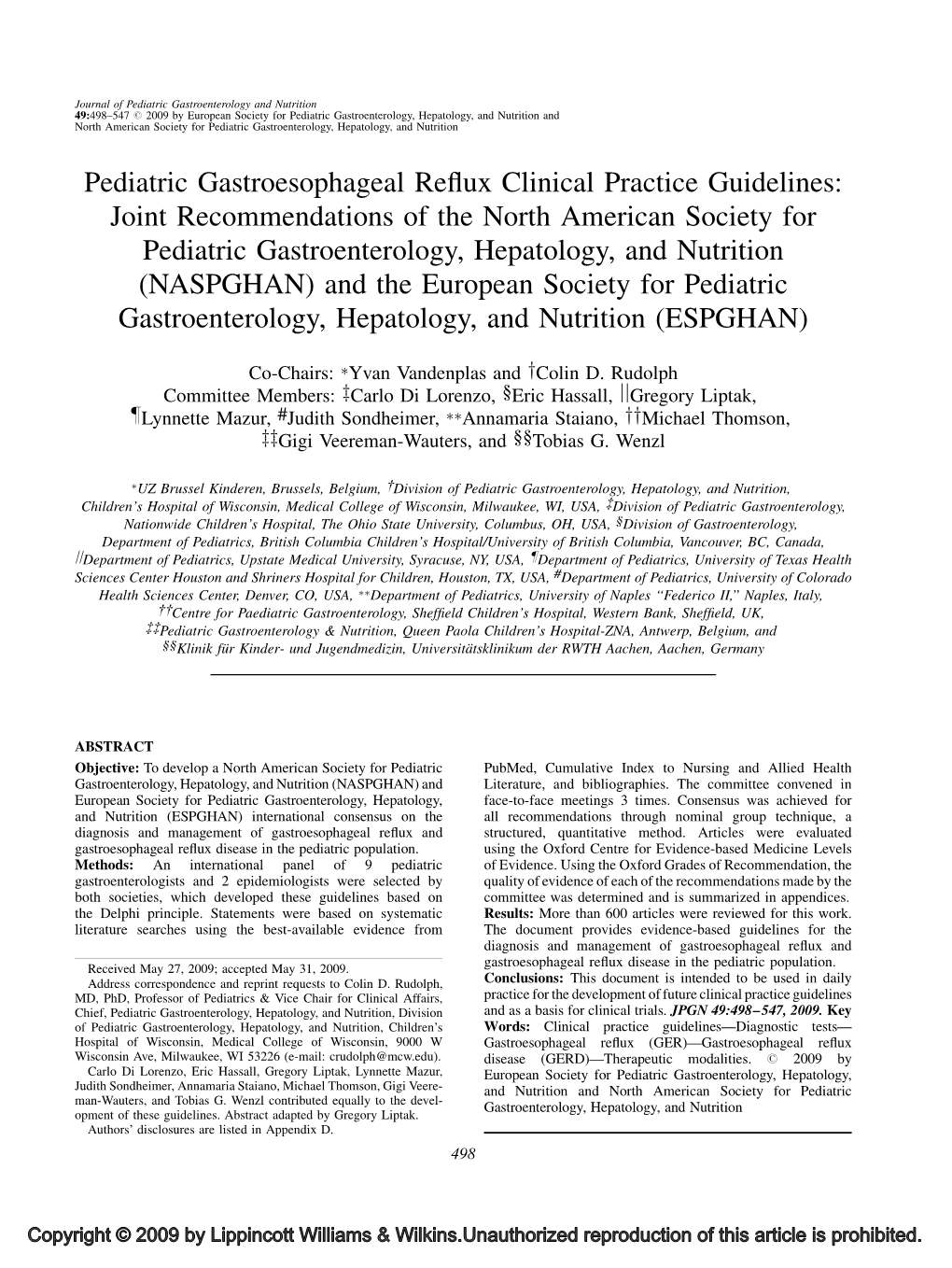 Pediatric Gastroesophageal Reflux Clinical Practice Guidelines 499