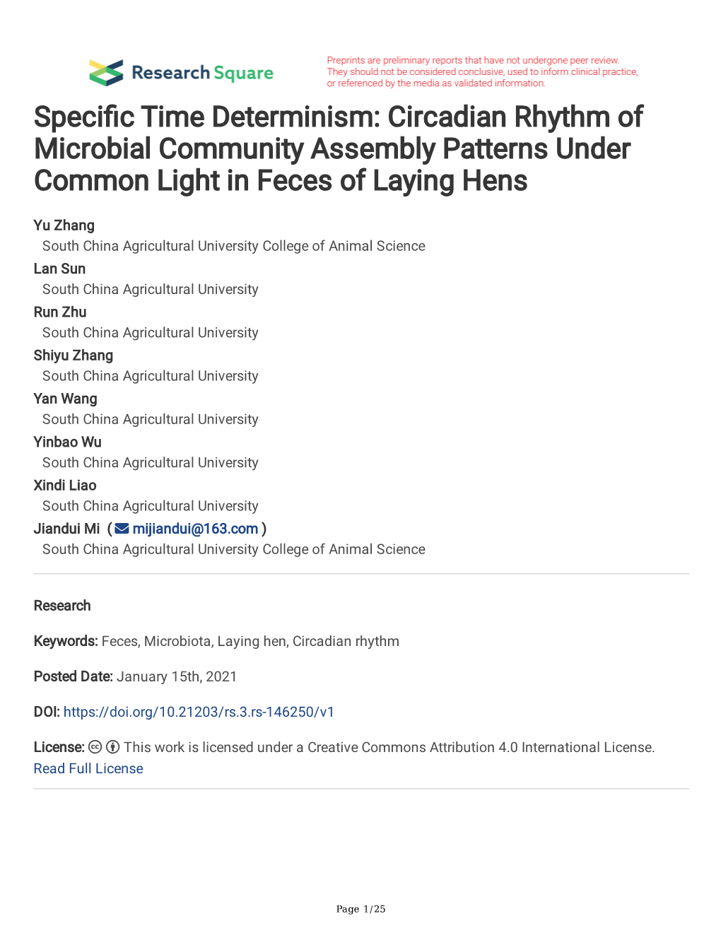 Circadian Rhythm of Microbial Community Assembly Patterns Under Common Light in Feces of Laying Hens