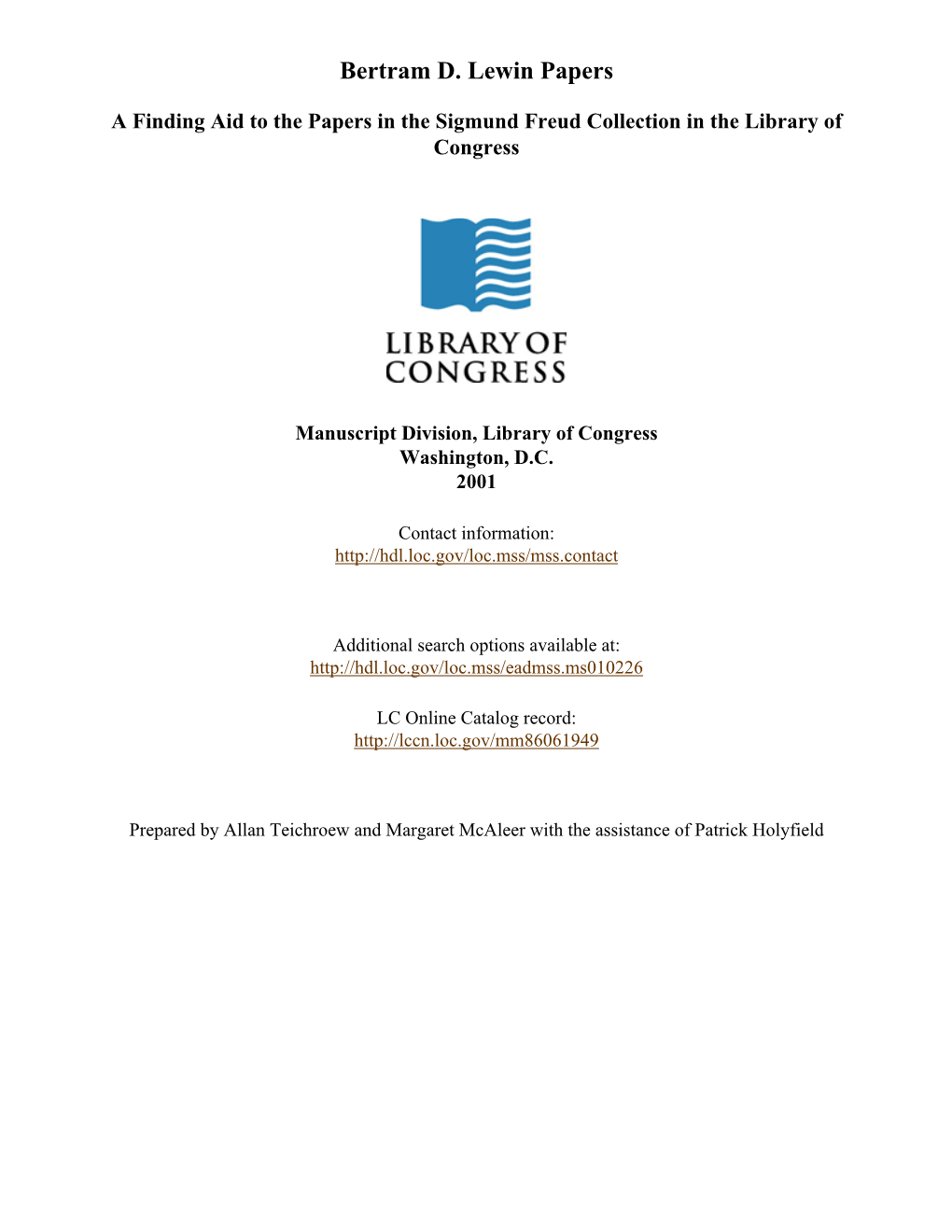 Bertram D. Lewis Papers [Finding Aid]. Library of Congress. [PDF Rendered