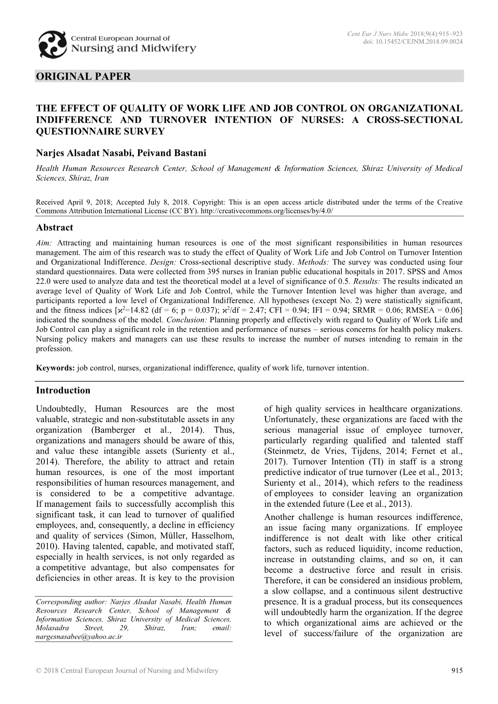 The Effect of Quality of Work Life and Job Control on Organizational Indifference and Turnover Intention of Nurses: a Cross-Sectional Questionnaire Survey