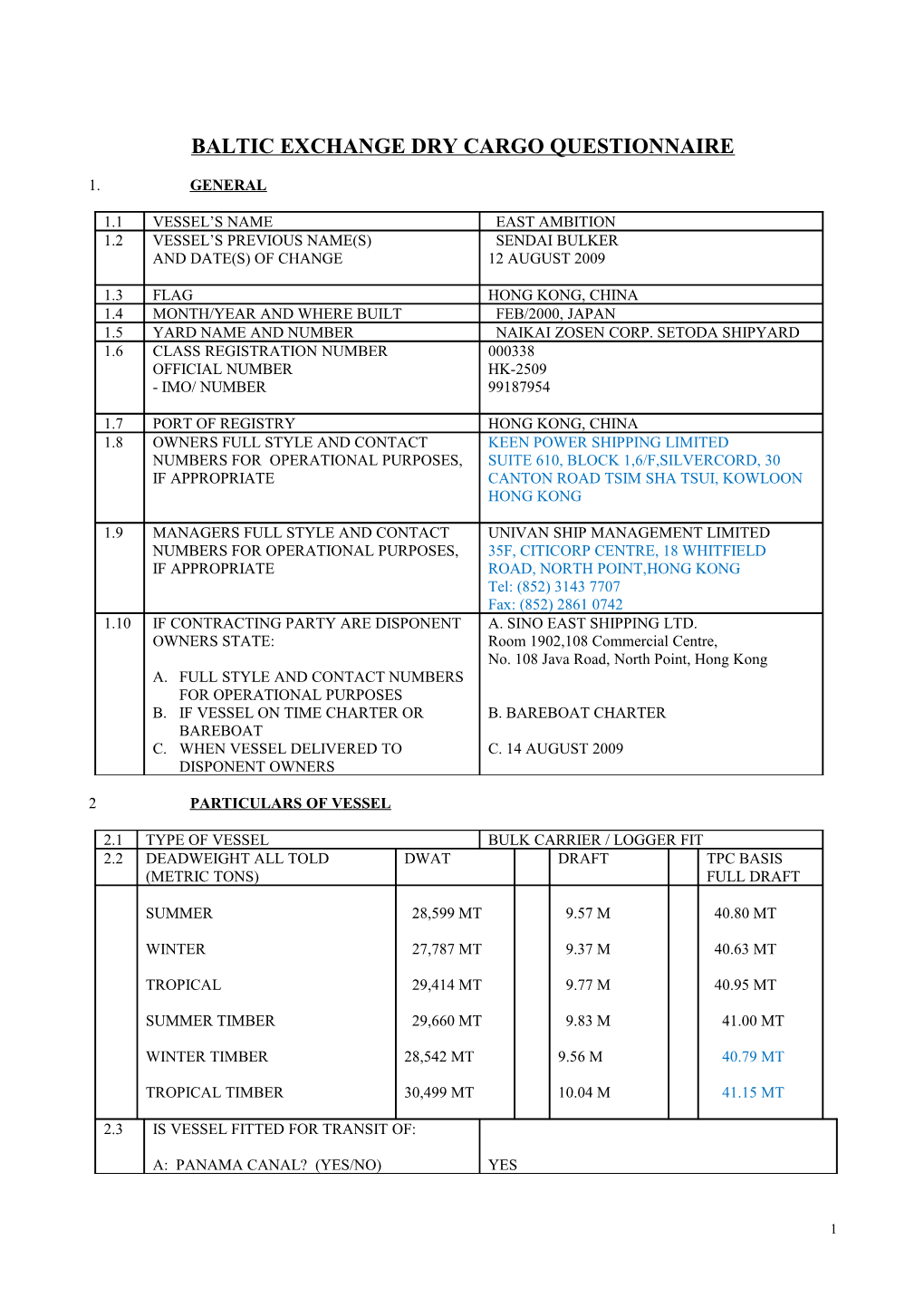 Baltic Exchange Dry Cargo Questionnaire