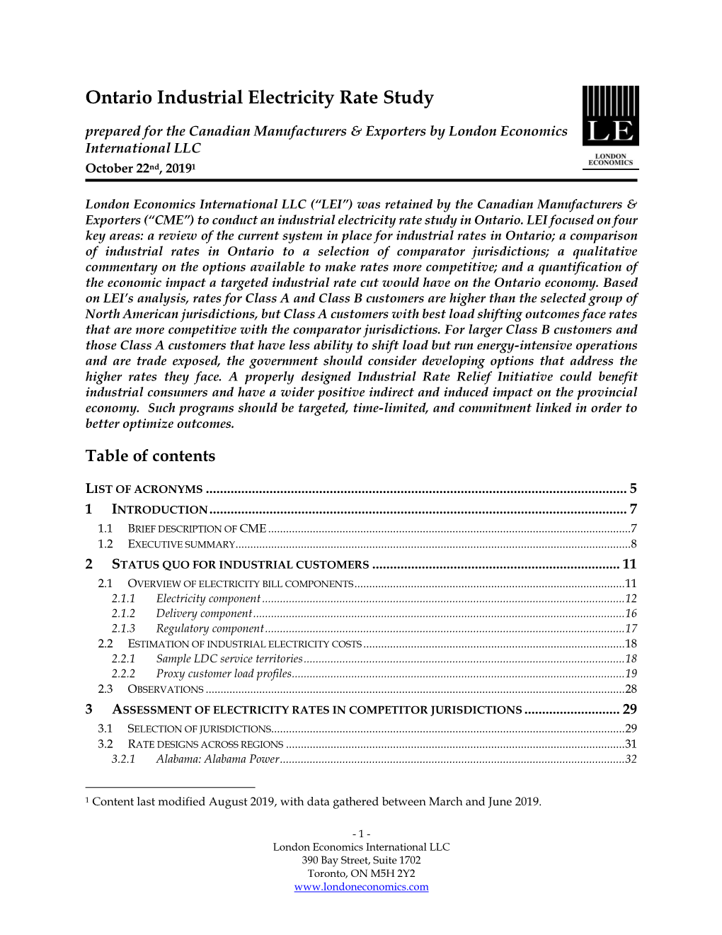 Ontario Industrial Electricity Rate Study Prepared for the Canadian Manufacturers & Exporters by London Economics International LLC October 22Nd, 20191