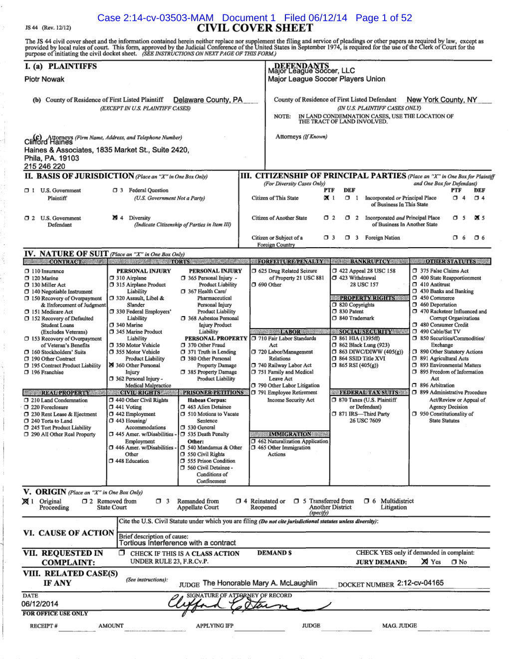 Civil Cover Sheet