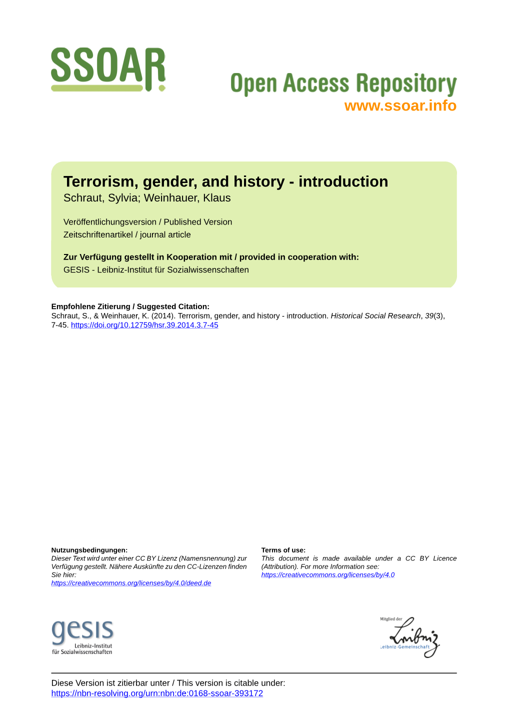 Terrorism, Gender, and History - Introduction Schraut, Sylvia; Weinhauer, Klaus