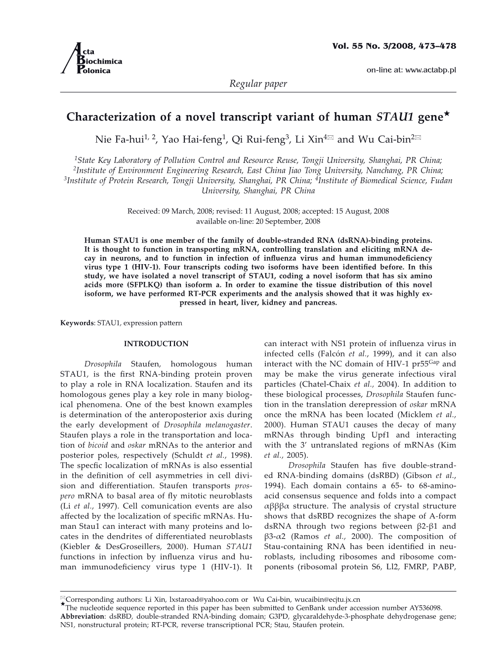 Characterization of a Novel Transcript Variant of Human STAU1 Gene*