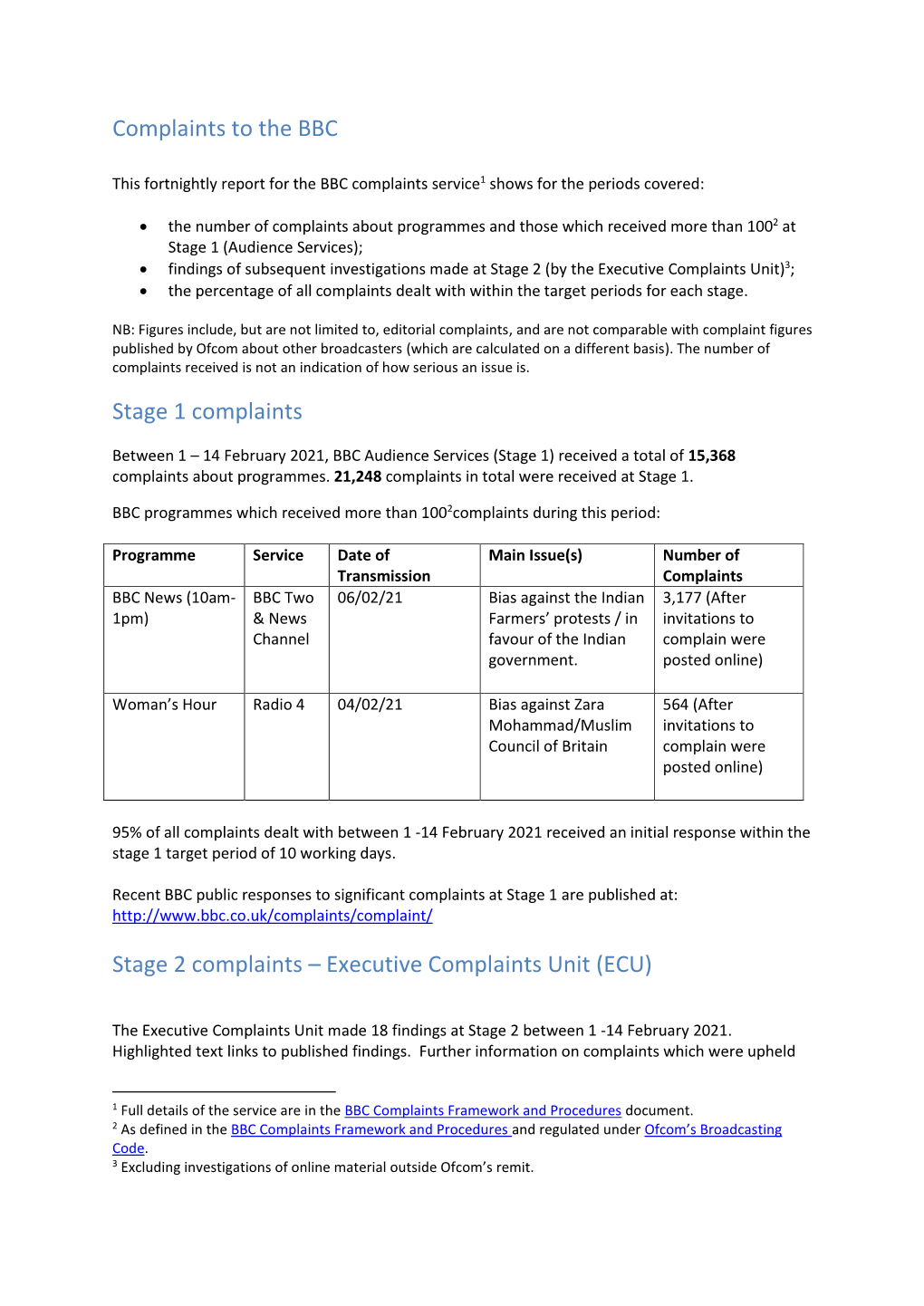 Complaints to the BBC Stage 1 Complaints Stage 2 Complaints