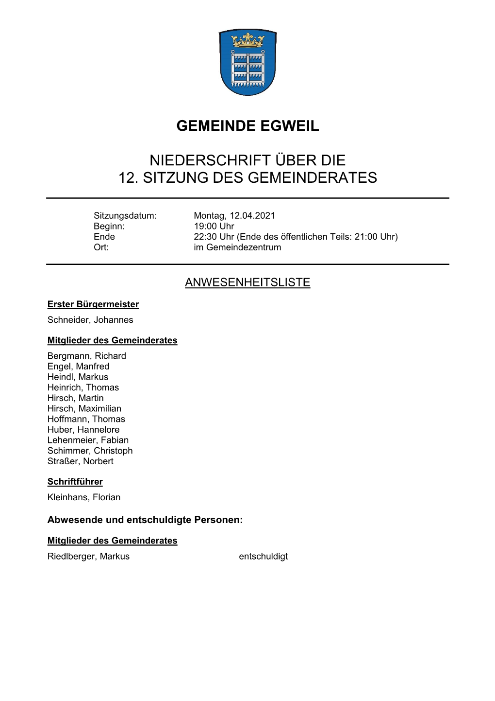 Gemeinde Egweil Niederschrift Über Die 12. Sitzung Des Gemeinderates