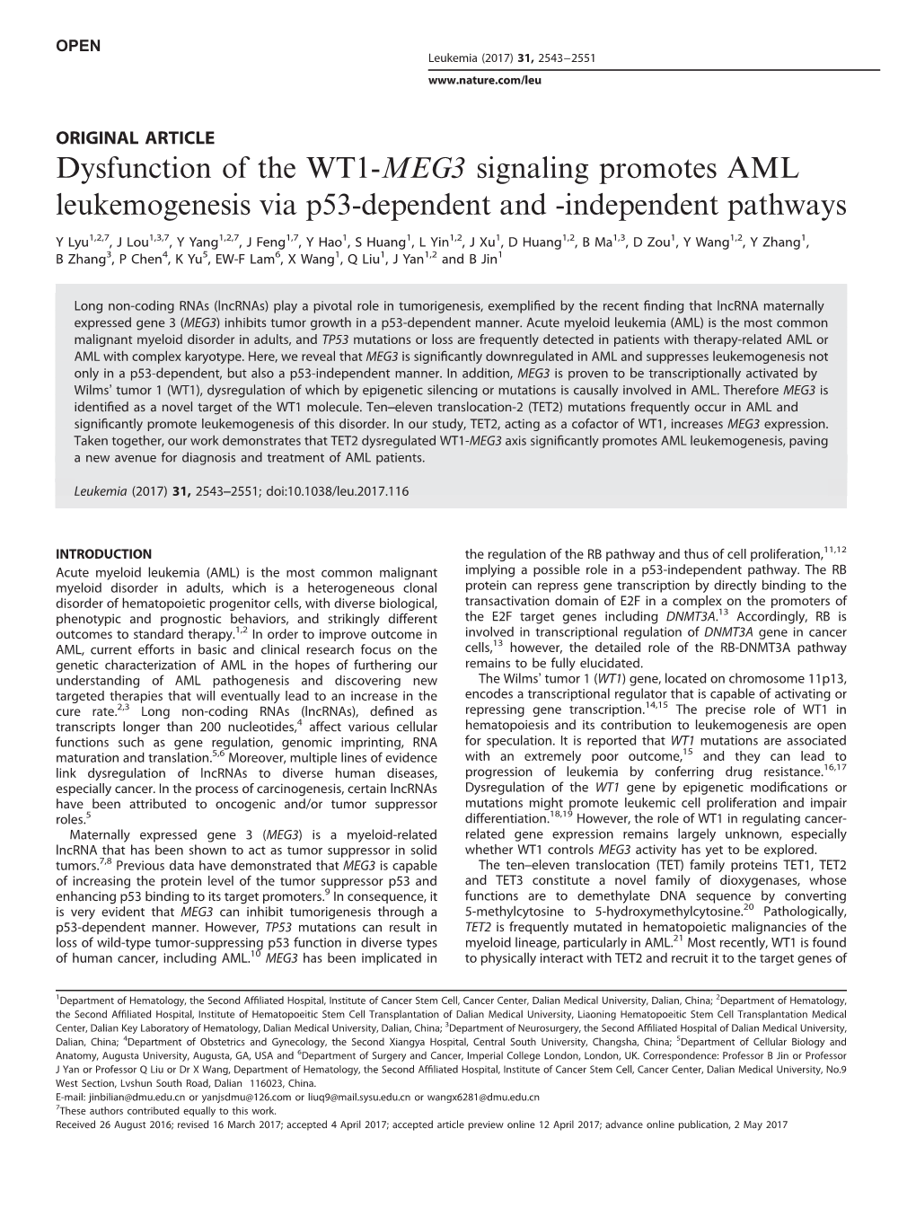 Dysfunction of the WT1-MEG3 Signaling Promotes AML Leukemogenesis Via P53-Dependent and -Independent Pathways