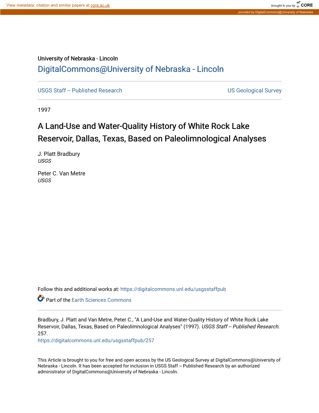 A Land-Use and Water-Quality History of White Rock Lake Reservoir, Dallas, Texas, Based on Paleolimnological Analyses