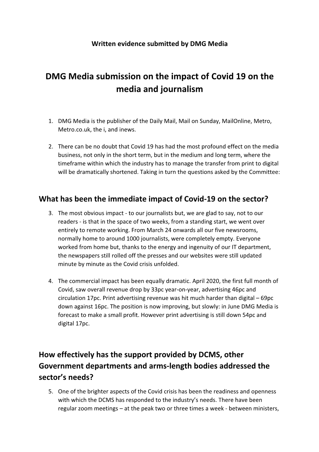 DMG Media Submission on the Impact of Covid 19 on the Media and Journalism