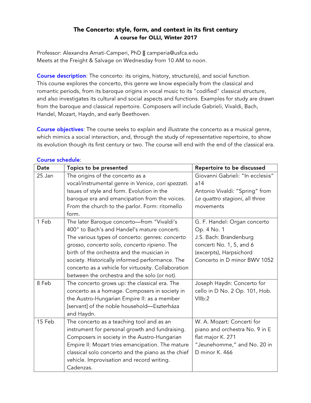 The Concerto: Style, Form, and Context in Its First Century a Course for OLLI, Winter 2017