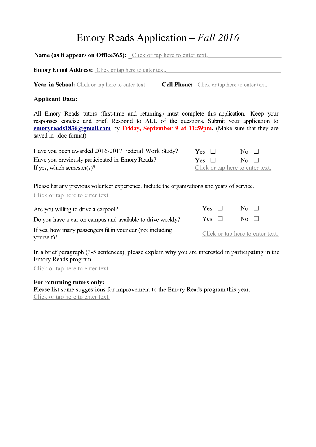 Emory Reads Application & Student Agreement Fall 2014