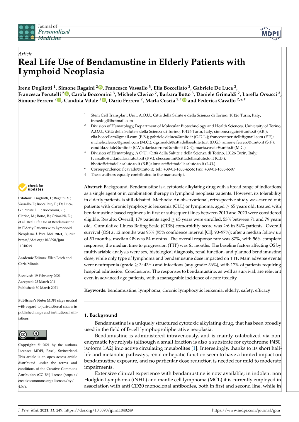 Real Life Use of Bendamustine in Elderly Patients with Lymphoid Neoplasia