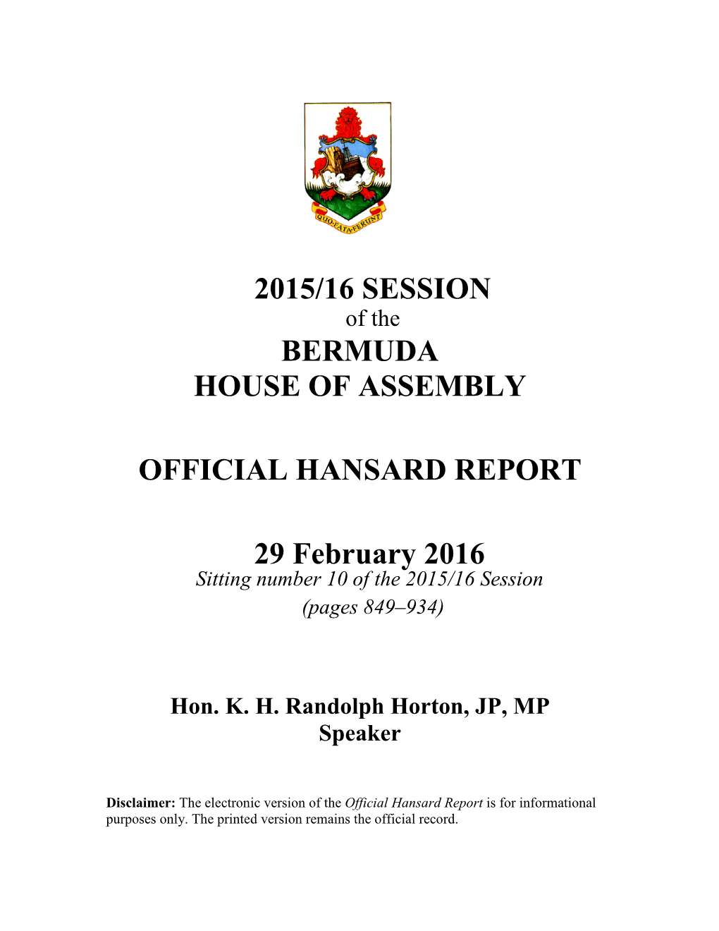 2015/16 Session Bermuda House of Assembly Official