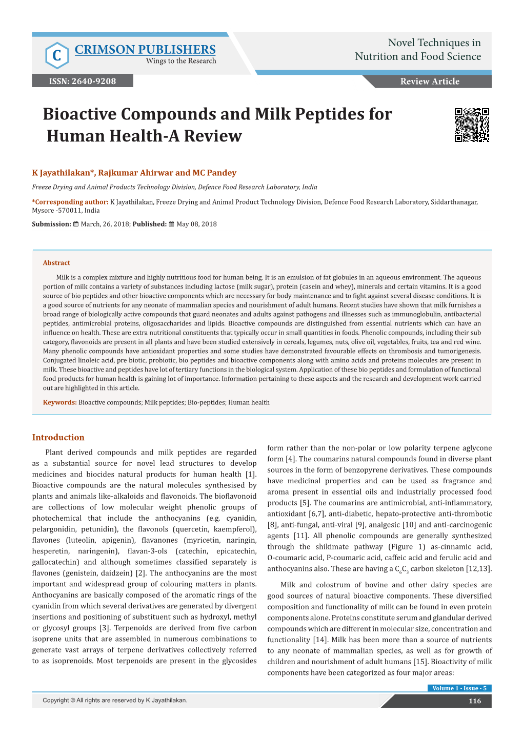 Bioactive Compounds and Milk Peptides Forhuman Health-A Review