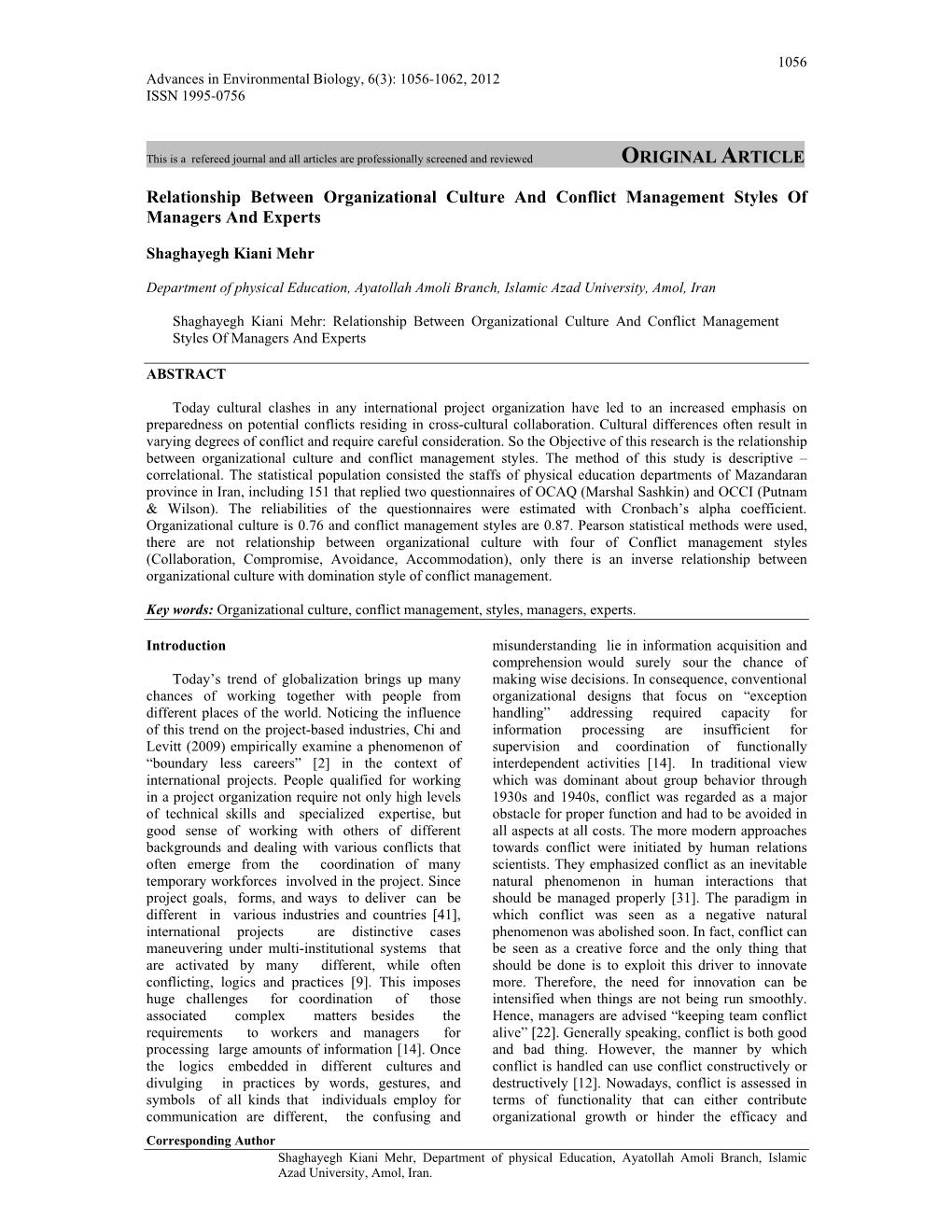 ORIGINAL ARTICLE Relationship Between Organizational Culture and Conflict Management Styles of Managers and Experts