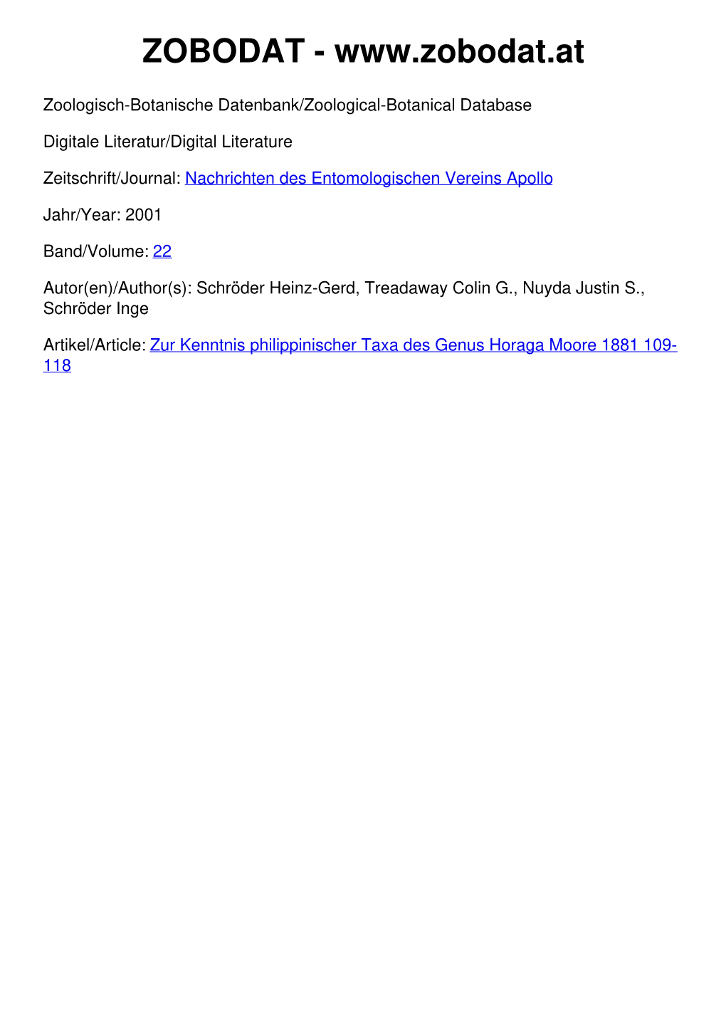 Zur Kenntnis Philippinischer Taxa Des Genus Horaga Moore 1881 109- 118 108 Nachr