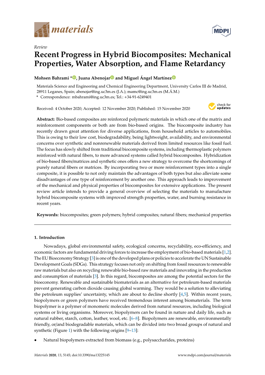 Recent Progress in Hybrid Biocomposites: Mechanical Properties, Water Absorption, and Flame Retardancy