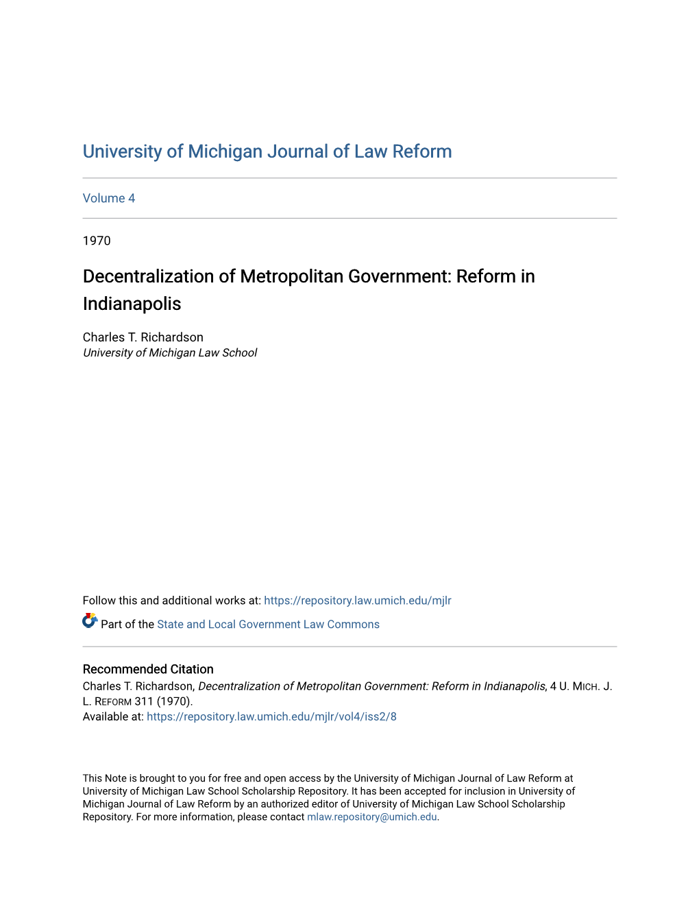 Decentralization of Metropolitan Government: Reform in Indianapolis