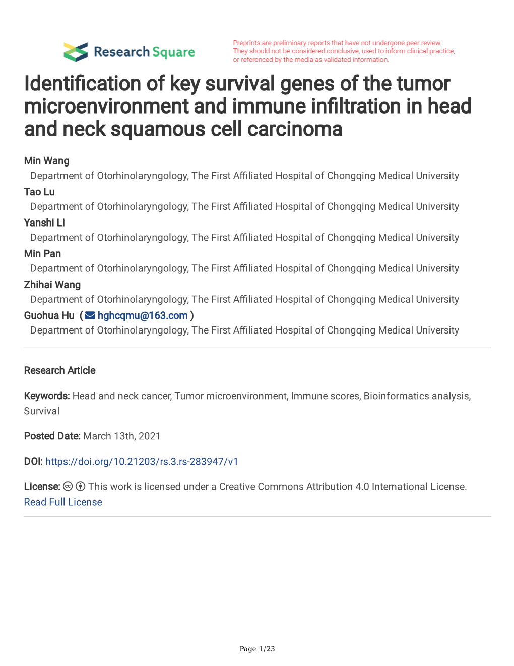 Identi Cation of Key Survival Genes of the Tumor Microenvironment And