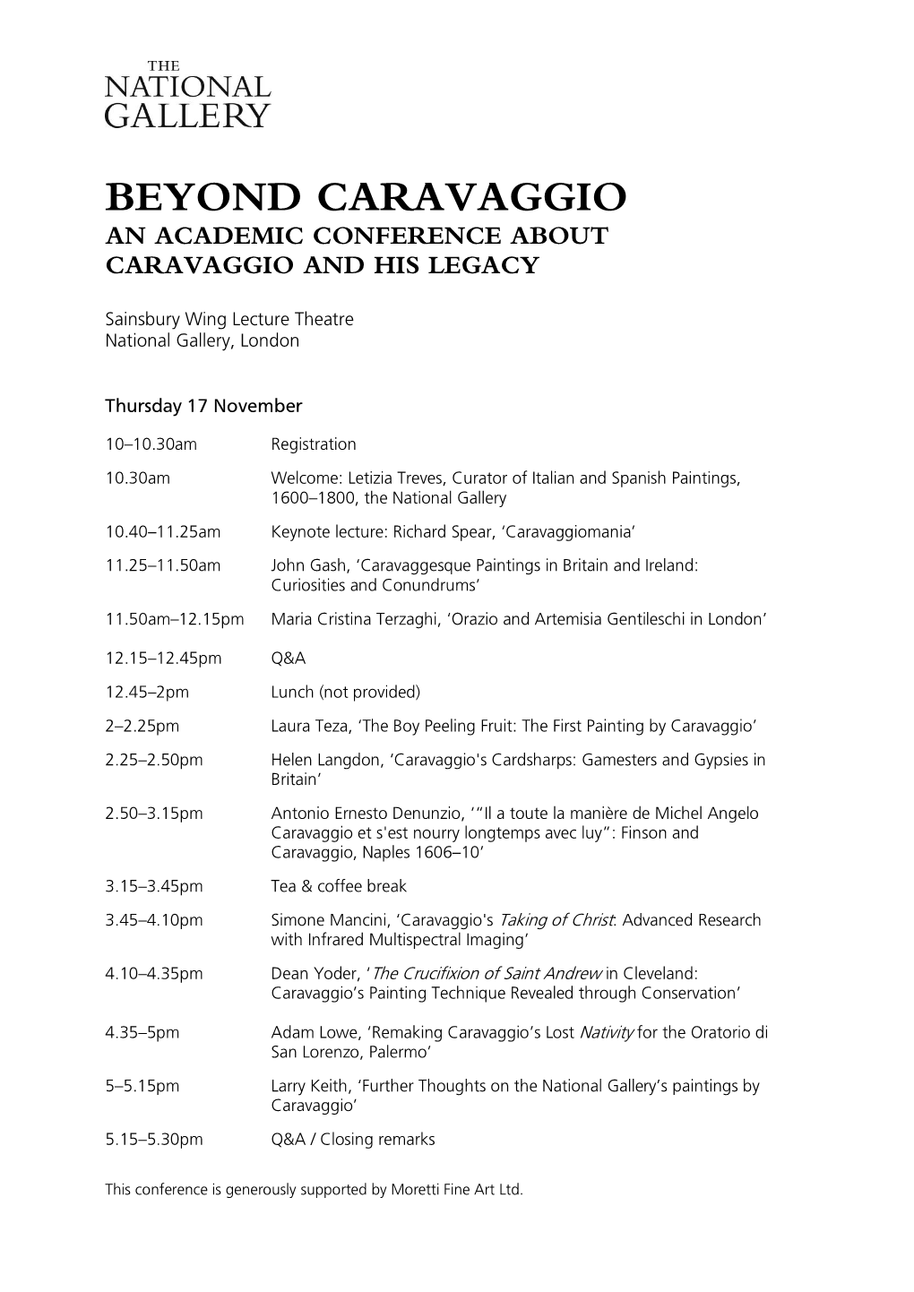 Programme for Beyond Caravaggio