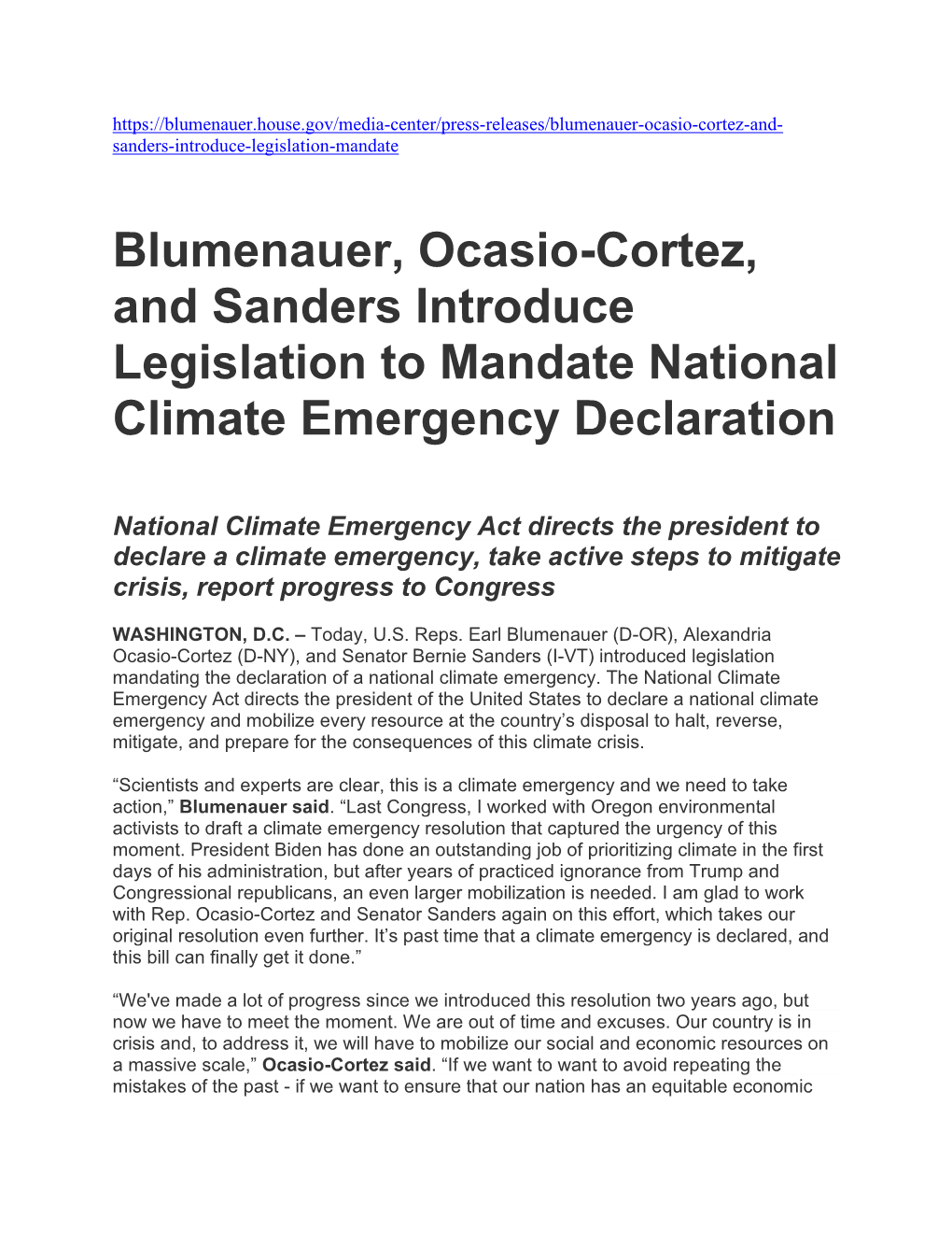 Blumenauer, Ocasio-Cortez, and Sanders Introduce Legislation to Mandate National