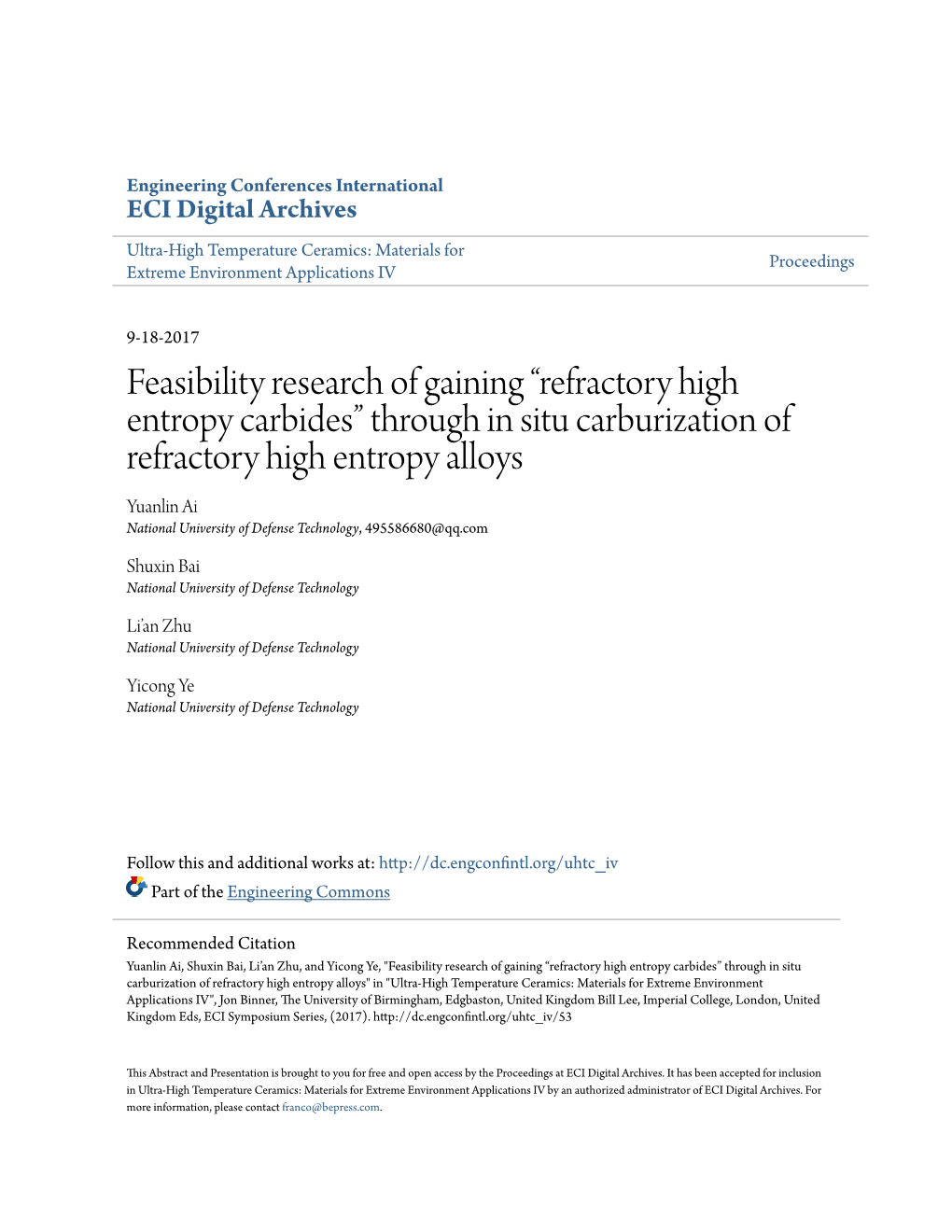 Through in Situ Carburization of Refractory High Entropy Alloys Yuanlin Ai National University of Defense Technology, 495586680@Qq.Com