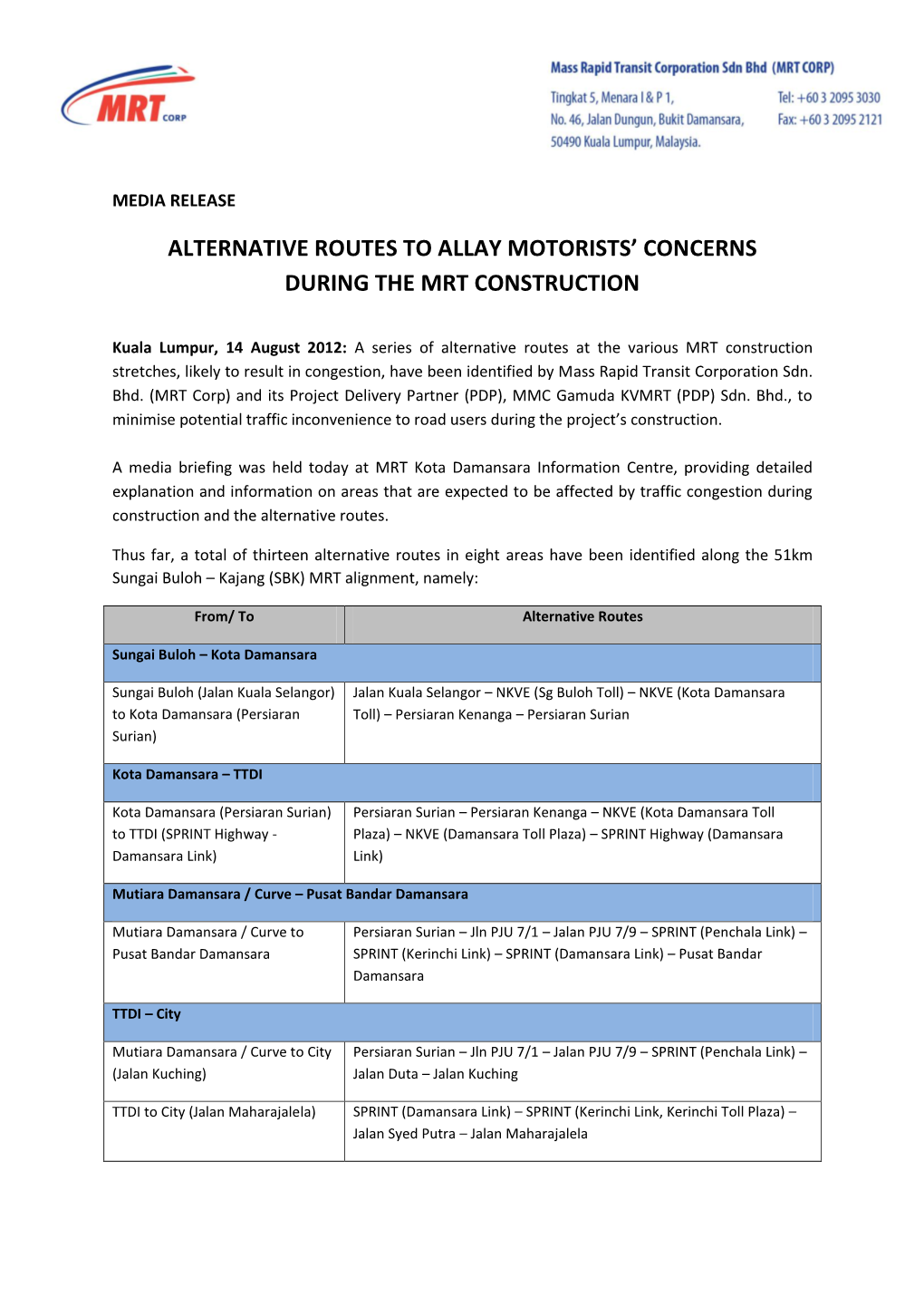 Alternative Routes to Allay Motorists' Concerns During the Mrt