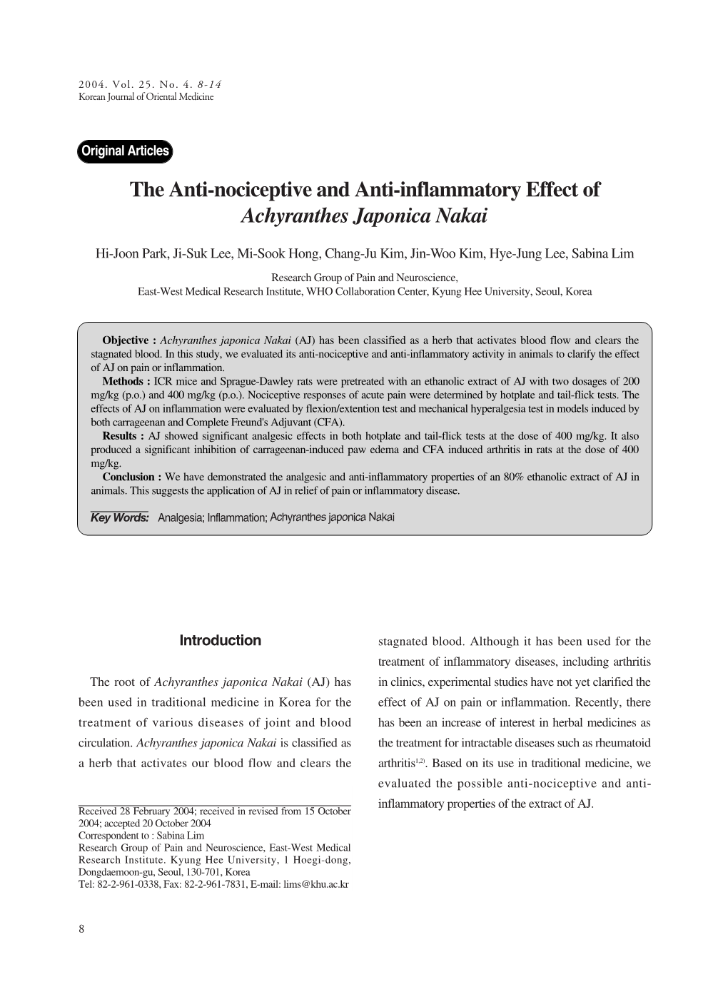 The Anti-Nociceptive and Anti-Inflammatory Effect of Achyranthes Japonica Nakai