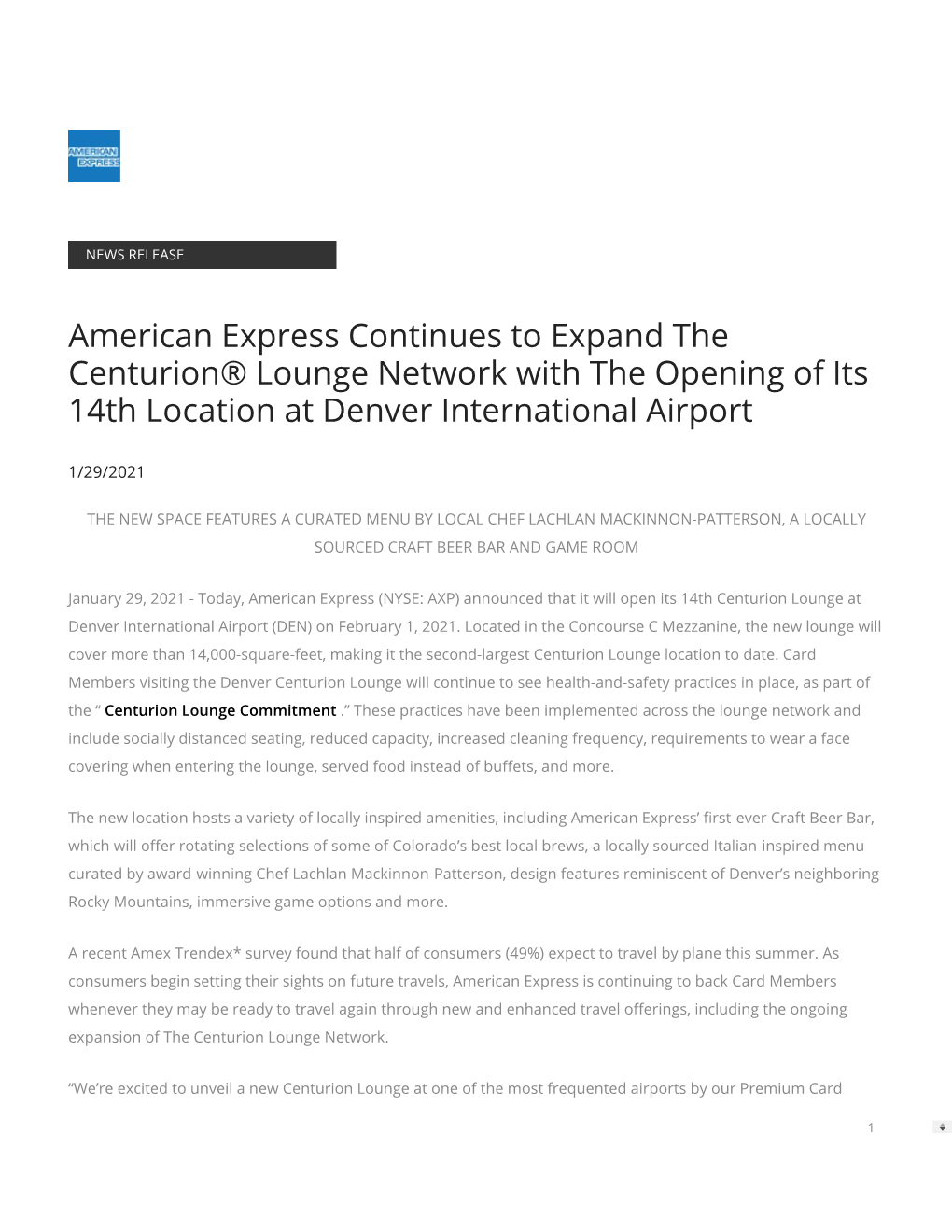 American Express Continues to Expand the Centurion® Lounge Network with the Opening of Its 14Th Location at Denver International Airport