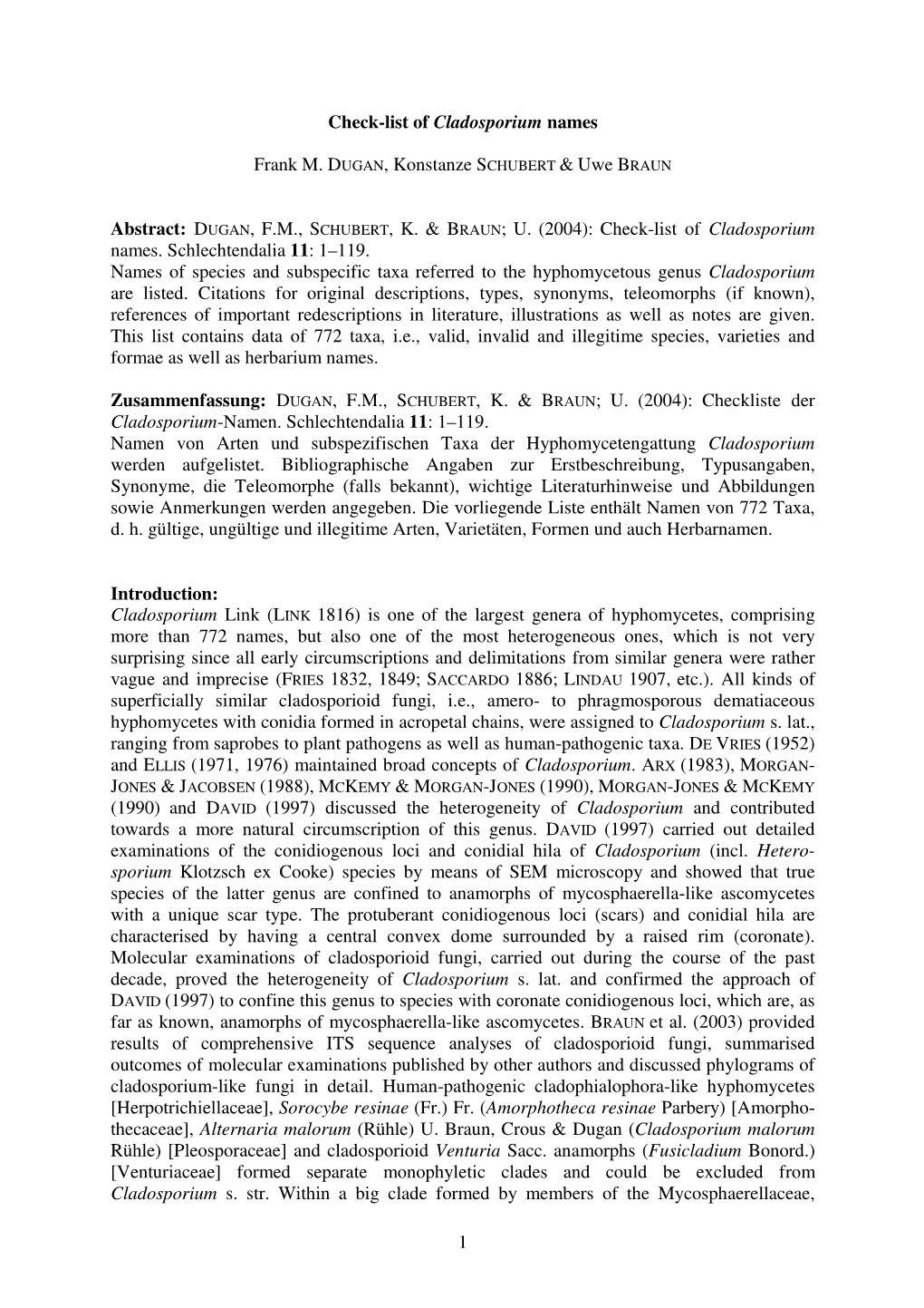 1 Check-List of Cladosporium Names Frank M. DUGAN, Konstanze