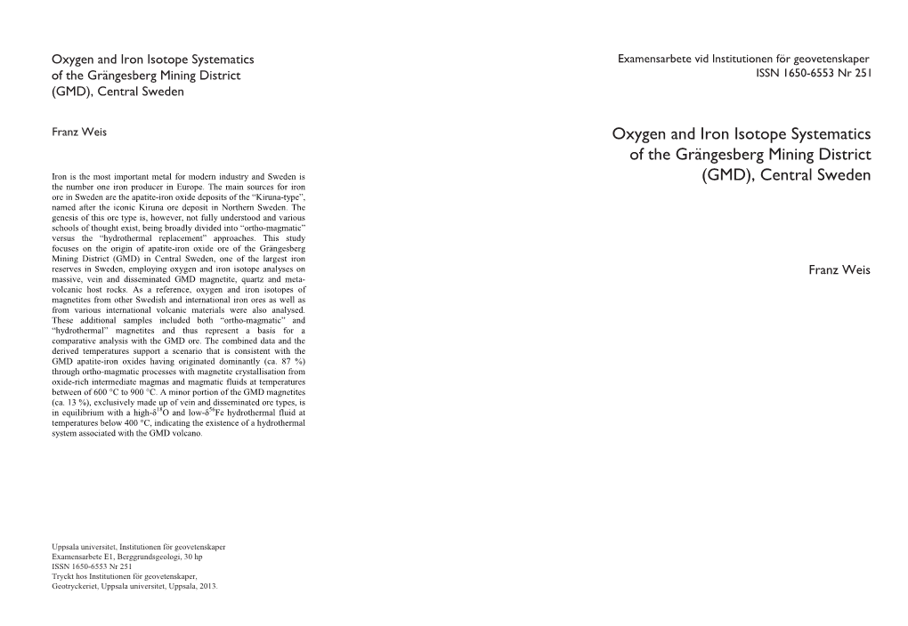 Oxygen and Iron Isotope Systematics of the Grängesberg Mining District (GMD), Central Sweden